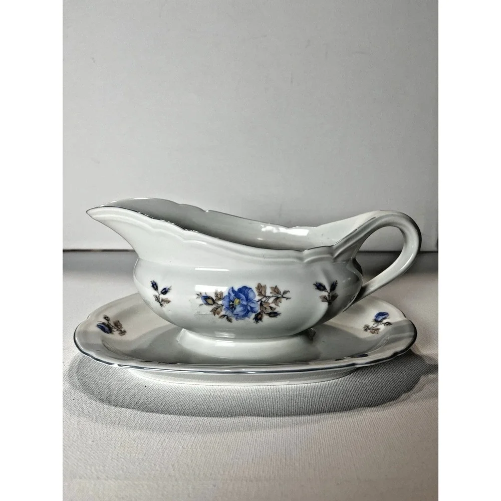Vintage Edelstein Bavaria‎ Gravy Boat w/ Attached Underplate Blue Floral 🇩🇪